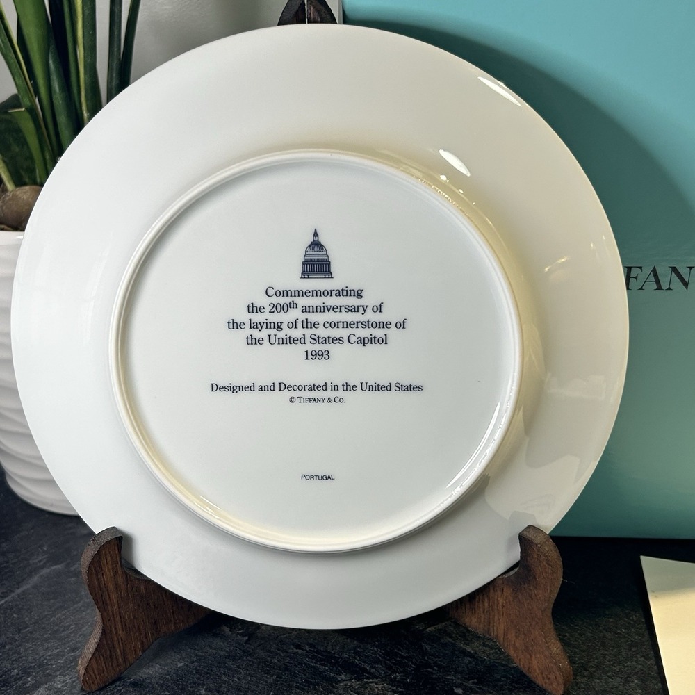 NEW 1993 Tiffany & Co 200th Anniversary US Capitol Green & Gold 8" Plate W Box - Picture 5 of 12